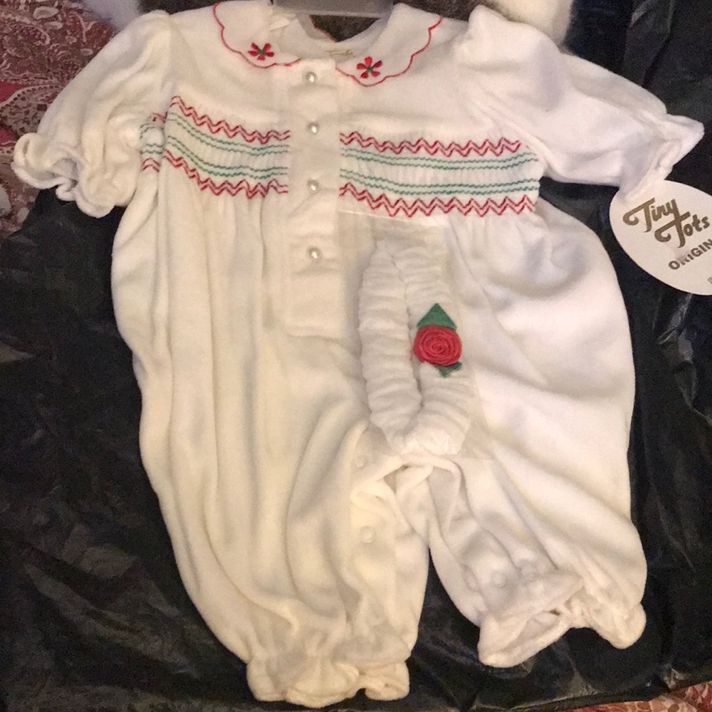 NWT Sz 3/6 mths white velour coverall w/headband vintage